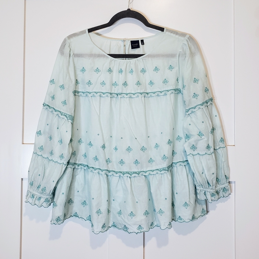 Kaari Blue Embroidered Bees Blouse Semi Sheer Cotton Blue Green Sz Large